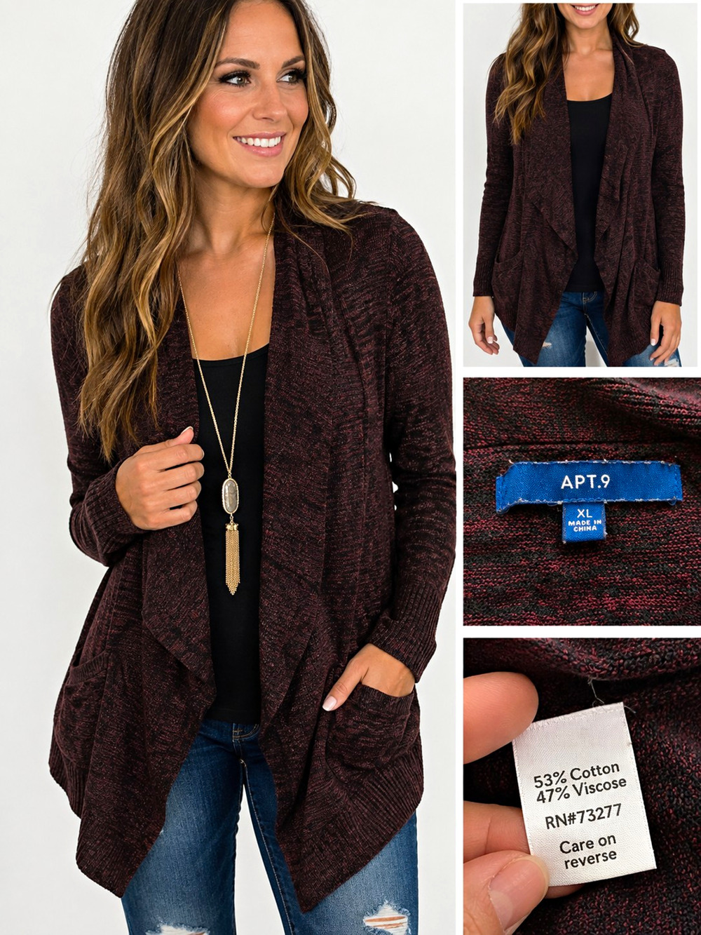 APT. 9 Women’s XL Open Front Cardigan Sweater Burgundy Black Marled Knit Pockets